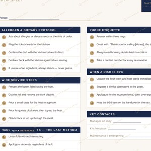 May include: A restaurant cheat sheet document with dark blue headers and white text. Sections include Allergen & Dietary Protocol, Phone Etiquette, Wine Service Steps, When a Dish is 86'd, Key Contacts, and Hand-Offs - The Last Method with numbered lists.