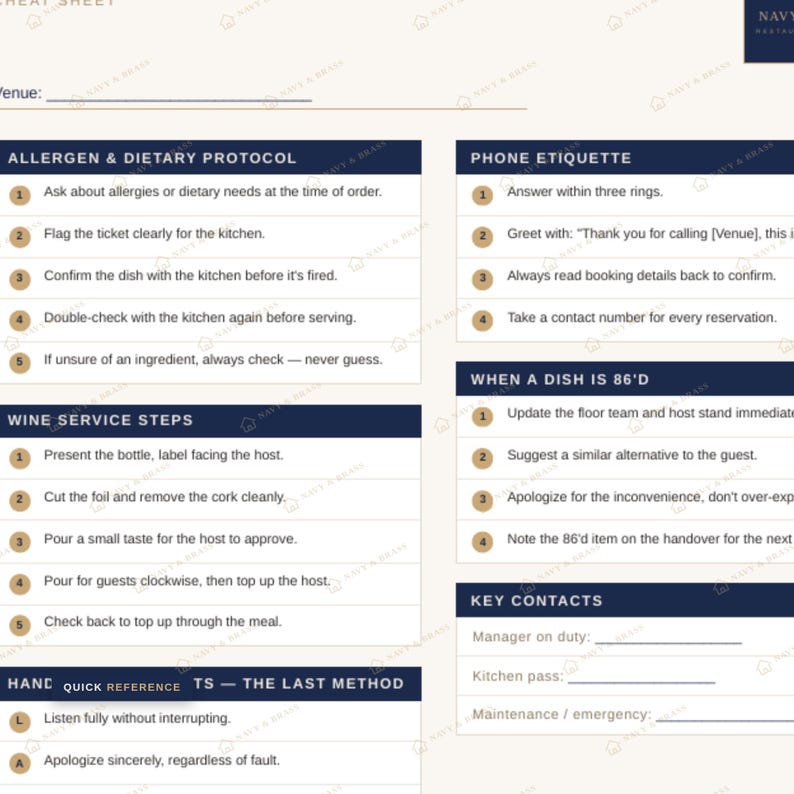 May include: A restaurant cheat sheet document with dark blue headers and white text. Sections include Allergen & Dietary Protocol, Phone Etiquette, Wine Service Steps, When a Dish is 86'd, Key Contacts, and Hand-Offs - The Last Method with numbered lists.