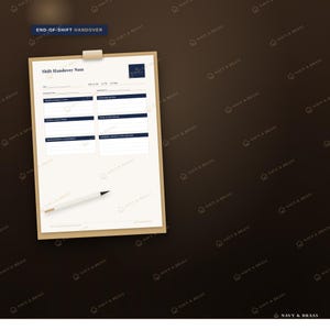 May include: A white shift handover note form on a tan clipboard with a white pen. The form features sections for date, shift, handover from, handover to, reservations, staffing notes, stock, cash, maintenance, and general notes with navy blue headers.