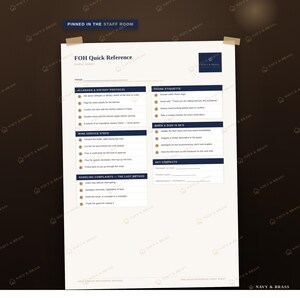 May include: A white FOH Quick Reference cheat sheet with dark blue headers and text. Sections include Allergen & Dietary Protocol, Phone Etiquette, Wine Service Steps, When a Dish is 86'd, and Key Contacts. The document is titled Pinned in the Staff Room.