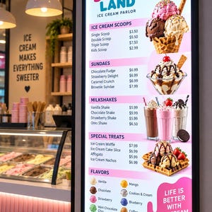 May include: A rectangular illuminated menu board for Scoop Land Ice Cream Parlor featuring text, pricing, and images of ice cream scoops, sundaes, milkshakes, and waffles. The menu lists various flavors and treats with a pink and white color scheme.