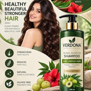 May include: A dark green 300 ml bottle of Verdona Botanical Hair Care herbal nutrition shampoo. The label features the brand name, ingredients like amla, hibiscus, and neem, and claims of being sulfate and paraben free. The bottle has a black pump.