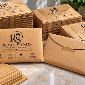 Puede incluir: Varias pilas de sobres rectangulares de papel marrón con el logotipo negro de Royal Sands Trading Company. El logotipo incluye el texto Quality Today Stronger Tomorrow e iconos de abastecimiento global, calidad confiable y empaque sostenible.
