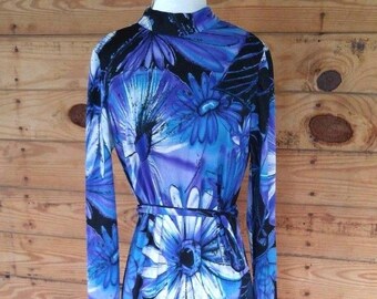 Vintage Retro 60s 70s Daisy Flower Long Mock Turtleneck Belted Wiggle Disco Maxi Dress Medium