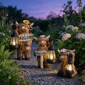 Può includere: Tre statue da giardino raffiguranti mucche Highland marroni dal pelo folto, ognuna con una lanterna nera a luce calda. Due mucche reggono cartelli con la scritta Welcome. Le mucche sono decorate con ghirlande di girasoli e fiori rosa.