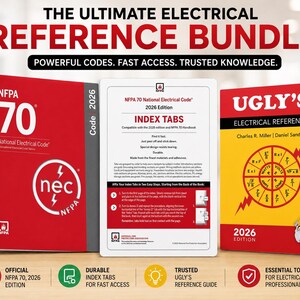 May include: A bundle of electrical reference materials including a red spiral-bound NFPA 70 2026 National Electrical Code book, a white sheet of index tabs, and a yellow and red Ugly's Electrical References 2026 edition book.