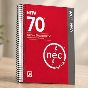 May include: A spiral-bound NFPA 70 National Electrical Code 2026 book with a red cover. The front features white text reading NFPA 70, National Electrical Code, and a circular nec logo with lightning bolts. A gray vertical stripe displays Code 2026.