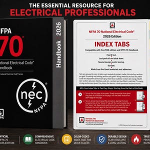 May include: The NFPA 70 National Electrical Code 2026 Handbook is a black hardcover book with white and red text. Beside it is a white sheet of color-coded index tabs for the 2026 edition, featuring instructions and a list of color-coded sections.