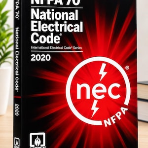 May include: A black hardcover book titled NFPA 70 National Electrical Code 2020. The cover features white text, a red circular logo with a white lightning bolt and the letters nec, and a red sunburst graphic radiating from the center.