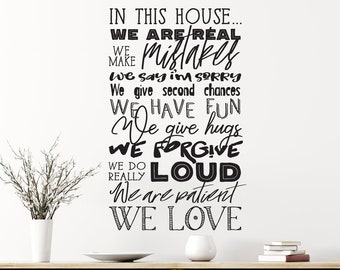 Vinyl Wall Art Decal | House Rules | "In this house we are..." | Home Living Family Sign Do List Real Make Mistakes Fun Hugs Love Chalkboard