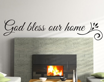 Vinyl muur kunst sticker | "God zegene ons huis" | Inwijdingsfeest decor ~ decor van het huis
