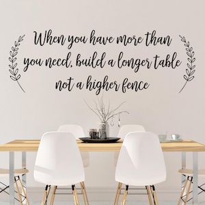 May include: A white wall with black calligraphy that reads "When you have more than you need, build a longer table not a higher fence". The text is framed by two black floral designs. The wall is behind a dining table with four white chairs.
