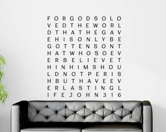 Calcomanía de vinilo para pared / Juan 3:16 / Porque de tal manera amó Dios al mundo / Arte de palabras ~ Scriptio Scriptia Continua ~ Escritura continua ~ Palabras sin espacios