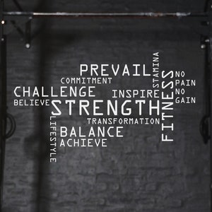 Könnte beinhalten: Eine schwarz-weiße Wortwolke mit dem Wort "STRENGTH" in der Mitte. Die Wörter sind in einem Kreis um das mittlere Wort angeordnet. Die Wortwolke befindet sich an einer grauen Betonwand in einem Fitnessstudio. Im Vordergrund befinden sich zwei schwarze Gewichtsplatten und eine Langhantel.
