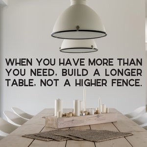May include: A long wooden dining table with white chairs and a quote on the wall that reads "When you have more than you need, build a longer table, not a higher fence."