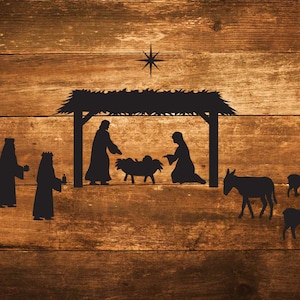 Vinyl Wall Art Decal | Christmas Nativity | Christmas Holiday Decor Home Church Sanctuary Living Dining Room Baby Jesus Stable Star