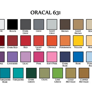 Puede incluir: Una carta de colores que muestra 24 colores diferentes de vinilo Oracal 631. Los colores incluyen blanco, negro, gris, gris claro, marr&oacute;n, marr&oacute;n claro, beige, burdeos, rojo oscuro, rojo, rojo claro, naranja, caqui, amarillo, ma&iacute;z, morado, lavanda, lila, rosa, rosa claro, azul oscuro, azul, azul polvo, azul turquesa, turquesa, verde oscuro, oliva, verde lima, dorado met&aacute;lico y cobre met&aacute;lico.