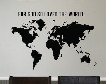 Calcomanía de arte de pared de vinilo ? Mapa del mundo ? Juan 3:16 ? "Porque Dios amó tanto al mundo"