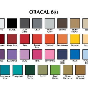 Op de afbeelding: Een kleurenkaart met 24 verschillende kleuren Oracal 631 vinyl. De kleuren omvatten wit, zwart, grijs, lichtgrijs, bruin, lichtbruin, beige, bordeauxrood, donkerrood, rood, lichtrood, oranje, kaki, geel, ma&iuml;s, paars, lavendel, lila, roze, lichtroze, donkerblauw, blauw, poederblauw, turquoiseblauw, turquoise, donkergroen, olijf, limoengroen, goud metallic en koper metallic.