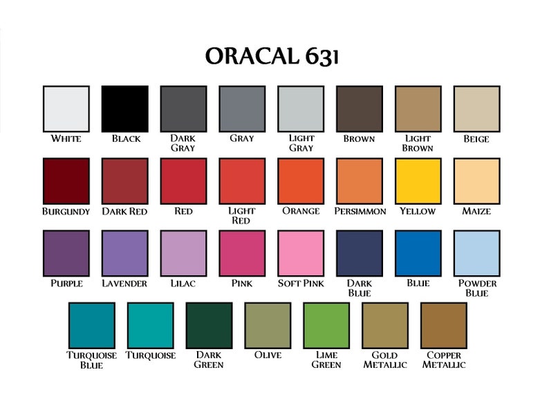 Op de afbeelding: Een kleurenkaart met 24 verschillende kleuren Oracal 631 vinyl. De kleuren omvatten wit, zwart, grijs, lichtgrijs, bruin, lichtbruin, beige, bordeauxrood, donkerrood, rood, lichtrood, oranje, kaki, geel, ma&iuml;s, paars, lavendel, lila, roze, lichtroze, donkerblauw, blauw, poederblauw, turquoiseblauw, turquoise, donkergroen, olijf, limoengroen, goud metallic en koper metallic.