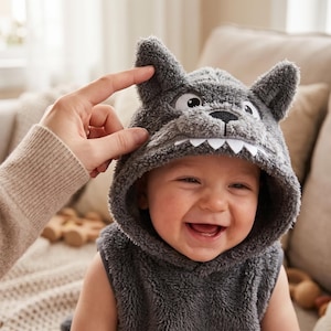 May include: A dark gray hooded towel or garment made of soft, fuzzy fleece material. The hood features a creature design with two pointed ears, white and black eyes, a black nose, and a row of white triangular teeth along the front edge.