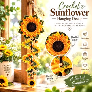 Peut inclure: Une décoration suspendue en forme de tournesol au crochet, composée d'une grande fleur jaune et marron en haut, avec une vigne en cascade de petits tournesols, de feuilles vertes et de perles en bois suspendue par une ficelle avec une étiquette.