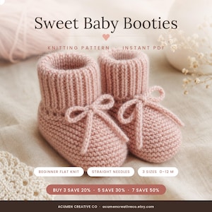 May include: A pair of soft, dusty pink knitted baby booties featuring a ribbed cuff and a decorative bow tie on the front. The text on the image reads Sweet Baby Booties, KNITTING PATTERN, INSTANT PDF, BEGINNER FLAT KNIT, STRAIGHT NEEDLES, 3 SIZES 0-12 M.