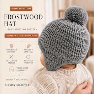 Baby Hat Knitting Pattern, Ribbed Ear Flap Beanie with Pom Pom (PDF Download)