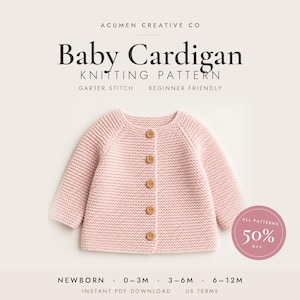 May include: A light pink baby cardigan knitting pattern by Acumen Creative Co. The text reads Baby Cardigan Knitting Pattern, Garter Stitch, Beginner Friendly, Newborn, 0-3M, 3-6M, 6-12M, Instant PDF Download, US Terms. Features five wooden buttons.