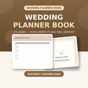 May include: A wedding planner book with 74 pages, featuring a budget breakdown table and a cover page with the text "The Wedding Planner of E & J Emma & James Wedding Planner Book Your Complete Guide From Engagement to I Do."