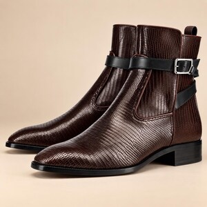 Handmade Men's Brown Lizard Print Leather Jodhpur Boots with Black Buckle Strap, Ankle Boots, Monk Strap Chelsea Boots, Gift for Him