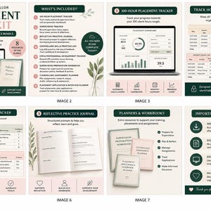 Puede incluir: Un kit digital de recursos para estudiantes de orientación que incluye ocho herramientas: rastreador de 100 horas de prácticas, registro de supervisión, diario de práctica reflexiva, registro de habilidades, seguimiento de CPD y planificador.