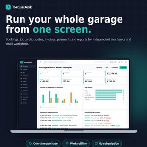 Software de gestión de talleres TorqueDesk (Reino Unido) / Fichas de trabajo, presupuestos, facturas con IVA, reservas, recordatorios de ITV / Funciona sin conexión, sin suscripción.