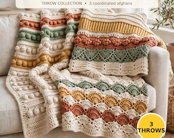 May include: Three crocheted throw blankets featuring cream, sage green, mustard yellow, and terracotta stripes with bobble, shell, and fan stitch patterns. Text reads: STITCH SAMPLER THROW COLLECTION 3 coordinated afghans and 3 THROWS.