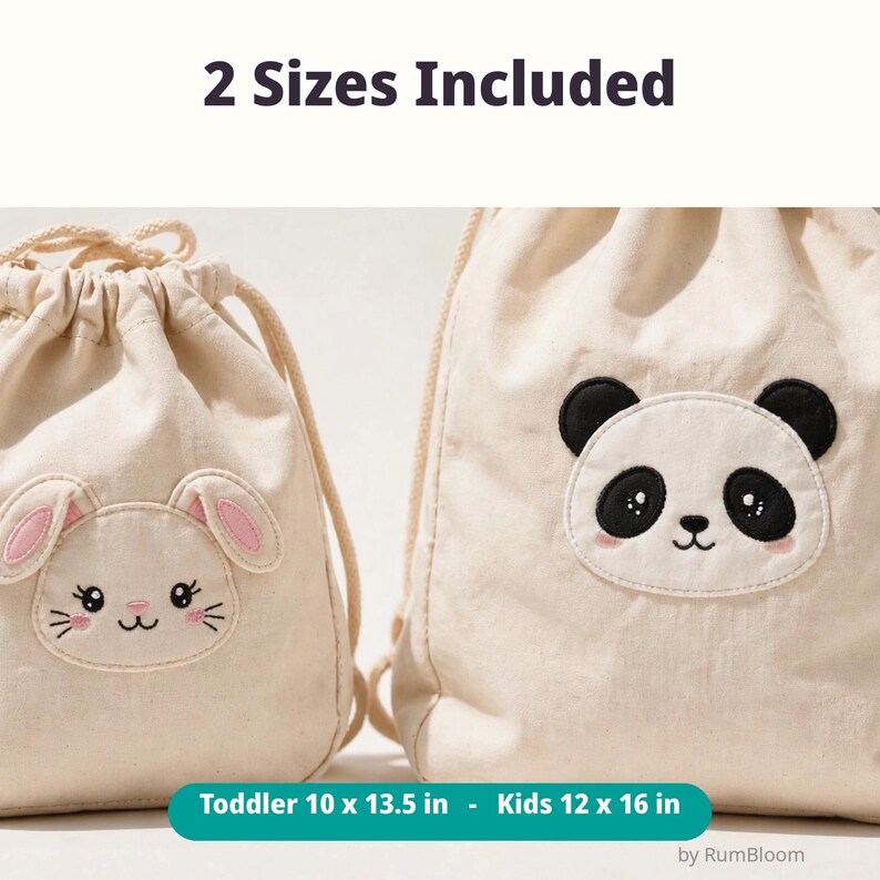 Pode incluir: Duas bolsas de cord&atilde;o na cor creme com fechos de corda. A bolsa menor apresenta um rosto de coelho bordado e a maior um rosto de panda bordado. O texto diz: 2 Sizes Included, Toddler 10 x 13.5 in - Kids 12 x 16 in.