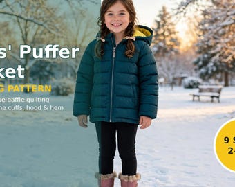 Kids Puffer Jacket Sewing Pattern PDF, Quilted Kids Jacket Pattern, Toddler Puffer Vest Sewing Pattern, Hooded Puffer Coat, 9 Sizes 2-12yr