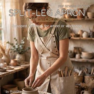 Könnte beinhalten: Eine beige Schürze mit geteilten Beinen und überkreuztem Rücken, ausgestattet mit Metalldruckknöpfen an den Trägern und einer Vordertasche mit Holzwerkzeugen. Text: PDF SEWING PATTERN SPLIT-LEG APRON POTTER'S CROSS-BACK Snapped split legs for wheel or workshop.