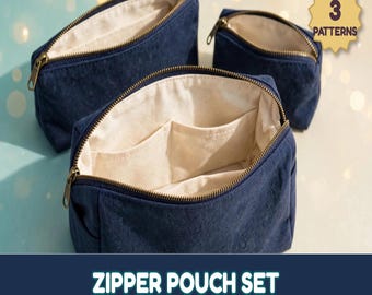 May include: A set of three navy blue zipper pouches with gold-toned metal zippers. The pouches feature a cream-colored interior lining with internal pockets. A gold star-shaped badge displays the text 3 PATTERNS.