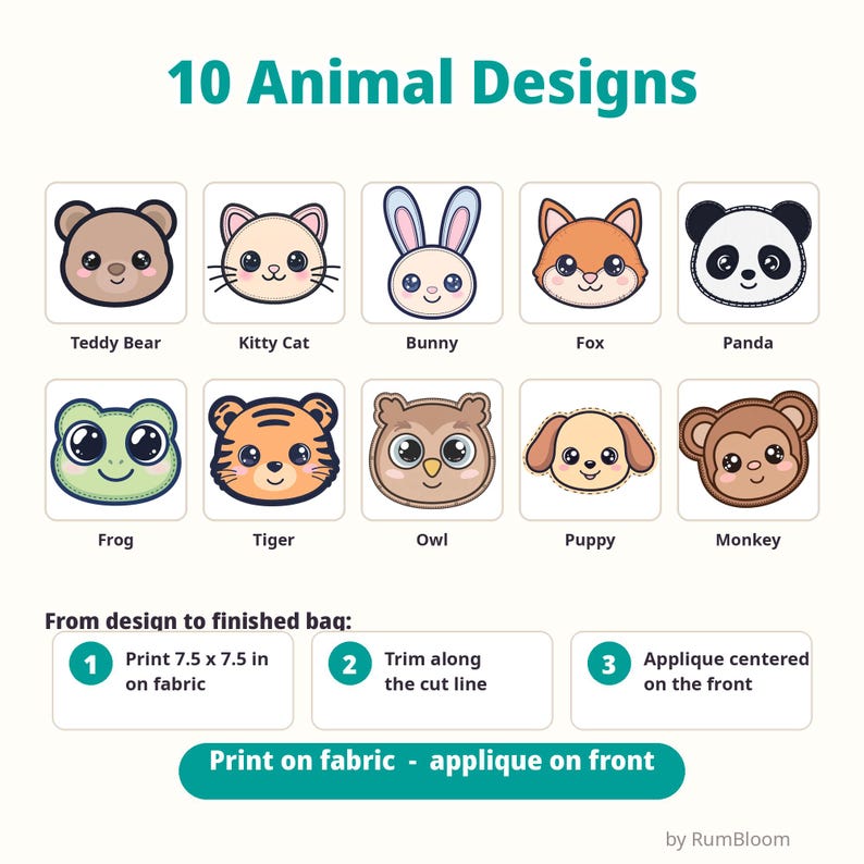 Pode incluir: Um guia digital intitulado 10 Animal Designs com ilustra&ccedil;&otilde;es de urso de pel&uacute;cia, gato, coelho, raposa, panda, sapo, tigre, coruja, filhote e macaco. Inclui instru&ccedil;&otilde;es para imprimir 19,05 x 19,05 cm em tecido, cortar e aplicar em uma bolsa.