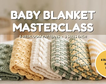 Baby Blanket Crochet Pattern Bundle, 6 Heirloom Blanket Patterns in 3 Sizes, Popcorn Shell Cable Basketweave Mosaic C2C, Baby Shower Gift