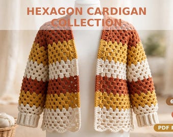 May include: A crochet cardigan featuring horizontal stripes in rust, mustard yellow, and cream. The text reads HEXAGON CARDIGAN COLLECTION by RumBloom, 6 STYLES, XS-5XL, and PDF PATTERN. The garment has long sleeves and ribbed cuffs.