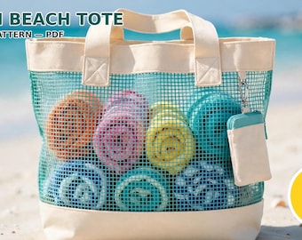 Mesh Beach Tote Sewing Pattern Oversized Beach Bag Easy Beginner PDF Pattern 2 Sizes 2 Views Towel Straps Zip Pouch XL Family Download