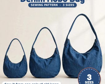 Könnte beinhalten: Drei blaue Denim-Hobo-Taschen in den Größen klein, mittel und groß. Der Text lautet: Denim Hobo Bag, SEWING PATTERN - 3 SIZES, Sew it from one pair of old jeans, by RumBloom, und 3 SIZES S M L.