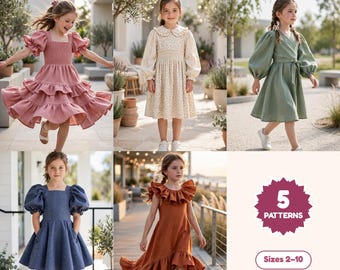 May include: A collection of 5 girls dress sewing patterns by RumBloom, featuring five distinct dress designs in various colors and styles, including sizes 2-10. The text 5 GIRLS DRESS SEWING PATTERNS and 5 PATTERNS is clearly visible.