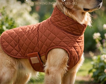 May include: A rust-colored quilted dog vest with a high collar and a side strap closure. Text on the image reads: Quilted Dog Vest, PDF SEWING PATTERN, XXS-5XL, 10 SIZES INCLUDED, LEASH SLOT + D-RING, REFLECTIVE OPTION.