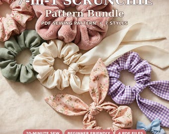 May include: A 7-in-1 scrunchie pattern bundle featuring seven fabric hair ties in various colors and textures, including floral prints, solid cream, sage green, purple gingham, and pink faux fur, with text overlay reading 7-in-1 SCRUNCHIE Pattern Bundle.