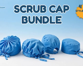 May include: A bundle of four blue scrub caps in different styles, featuring ties and elastic bands. The text "RumBloom" and "SCRUB CAP BUNDLE" with a "4 STYLES" badge are displayed above the caps against a light blue background.