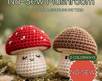 May include: Two crocheted mushroom figures with cream-colored stems and smiling faces. One has a red cap with white spots, the other a brown cap. Text reads: No-Sew Mushroom, COTTAGECORE AMIGURUMI PATTERN, 2 COLORWAYS, NO-SEW, by RumBloom.