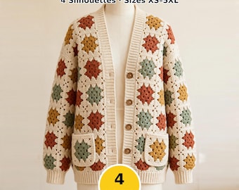 May include: A crochet cardigan jacket featuring a granny square pattern in cream, mustard yellow, sage green, and rust orange. The jacket has a button-front closure, two front pockets, and ribbed cuffs. Text reads: Granny Square Jackets 4 Silhouettes Sizes XS-5XL 4 JACKETS by RumBloom.