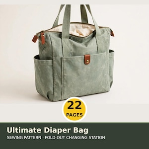 May include: A sage green tote bag with two top handles, a zippered main compartment, and an exterior front pocket secured with a brown leather-like tab and metal snap. The bag features side pockets and a light-colored interior lining.